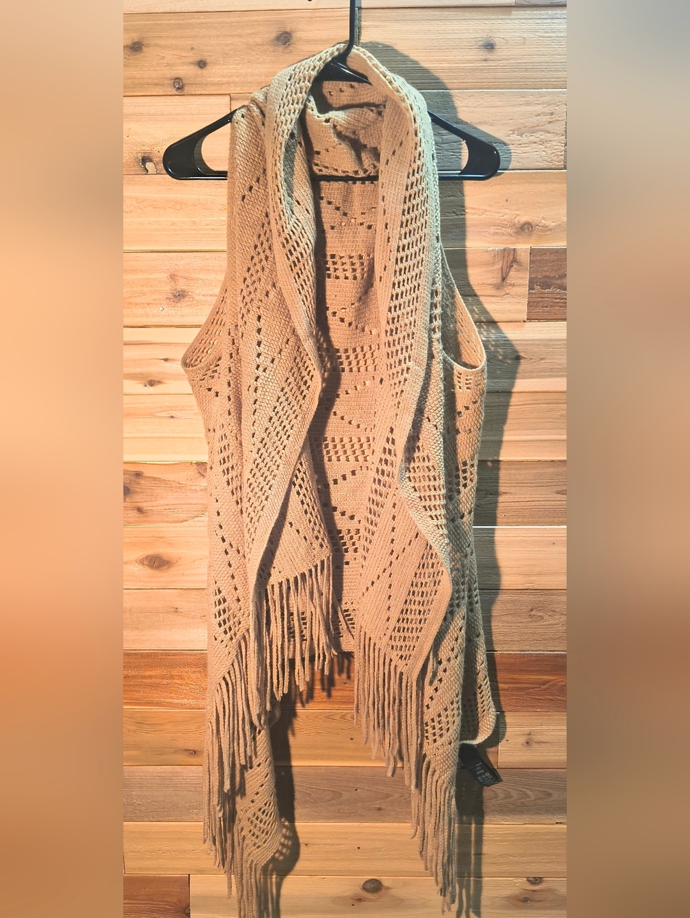 Crochet Fringe Vest Cardigan By Lu by Lolita - Size S - Camel Color